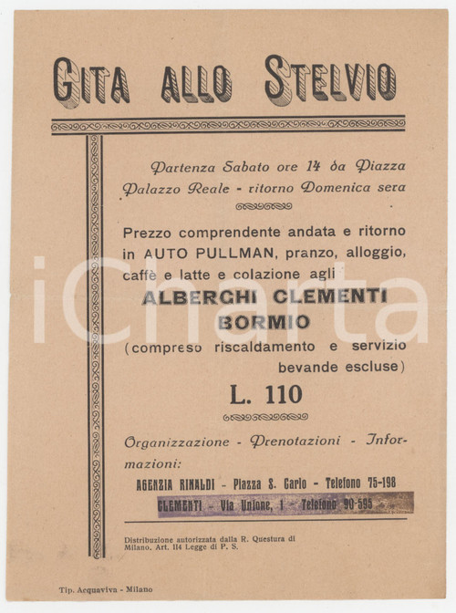 1910 ca TURISMO - Gita allo STELVIO - Alberghi CLEMENTI BORMIO *Volantino 1910 ca TURISMO - Gita allo STELVIO - Alberghi CLEMENTI BORMIO *Volantino